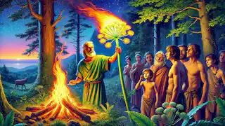 Prometeo muestra a los humanos cómo usar el fuego en un claro del bosque, con un tallo de hinojo resplandeciente.