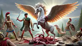 Perseus steht über der besiegten Medusa, während Pegasus aus ihrem Blut emporsteigt, mit weit ausgebreiteten Flügeln im Sonnenlicht.