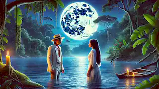 Antonio revela su verdadera identidad a María junto al iluminado río Amazonas, bajo la mística luz de la luna llena.