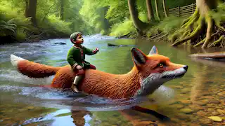 El hombre de jengibre montando la espalda de un zorro mientras cruzan un amplio y caudaloso río, rodeados de árboles.