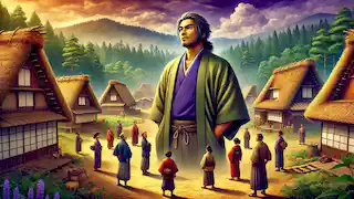 Un Hiroshi mayor se encuentra con confianza en el pueblo, rodeado de aldeanos, mientras el bosque se alza imponente en el fondo.