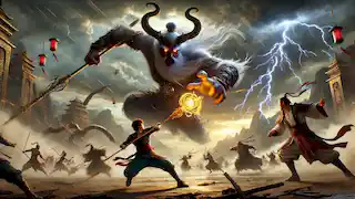 El Rey Mono, Sun Wukong, se enfrenta al rey demonio con su bastón mágico, mientras sus compañeros combaten al ejército del demonio en el fondo.