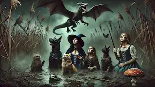 La bruja y sus amigas, cubiertas de barro, miraban hacia arriba a un dragón amenazante en un oscuro pantano.