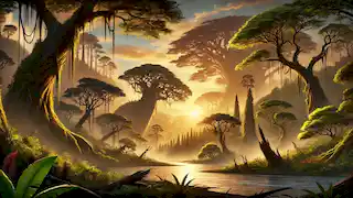 Los exuberantes bosques de Aotearoa, con ríos y niebla, en un atardecer tranquilo, simbolizan el equilibrio restaurado entre la naturaleza y la humanidad.