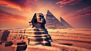 La Gran Esfinge de Giza se erige ante las pirámides, mientras un atardecer en el desierto arroja tonos vibrantes sobre el paisaje.