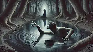 Narciso se inclina hacia el agua, su reflejo ondulándose con frustración, mientras Eco lo observa con tristeza desde las sombras.