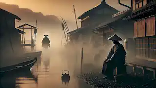 El anciano del pueblo se sienta junto al mar al amanecer, observando cómo el Nurarihyon se aleja entre la niebla, mientras el sol comienza a elevarse.