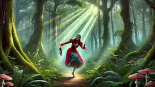 Uma jovem vestida com sapatos vermelhos dança descontroladamente em uma floresta, sua expressão revelando uma mistura de medo e alegria.