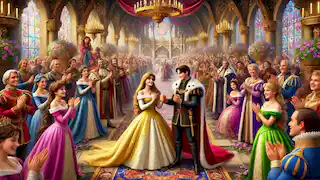 Célébration dans le grand hall avec Aurore, Philippe, le roi, la reine et les courtisans se réjouissant de la levée de la malédiction.