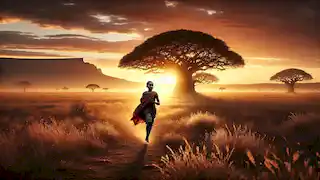 Naledi camina por las llanuras del Karoo al amanecer, los tonos dorados del amanecer iluminando su camino hacia el árbol mágico.