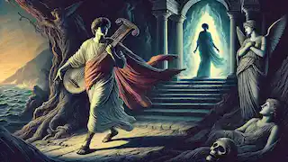 Orfeo y Eurídice ascendiendo desde el Inframundo, con Orfeo mirando hacia atrás.
