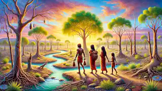 Los hermanos Djanggawul caminan por la tierra árida, donde la vida brota en forma de árboles y ríos.