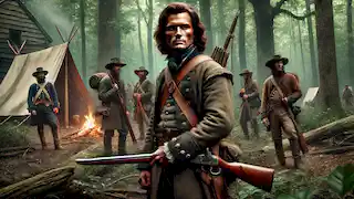 Davy Crockett como soldado durante la Guerra de 1812, en pie con determinación en un denso bosque del sur.