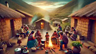 Una familia aymara preparando comida junta en una tranquila escena de un pueblo moderno.