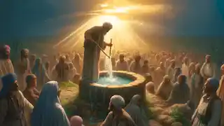 Les villageois se rassemblèrent autour d'un puits à l'aube, l'eau s'écoulant abondamment alors qu'Al-Khidr plongeait son bâton dedans, les premiers rayons du soleil effleurant la terre.