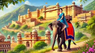 Kim montando un elefante hacia el Fuerte Amer en Jaipur, con la impresionante arquitectura del fuerte de fondo.