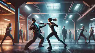 Tris bloquea un golpe de un oponente más grande durante el entrenamiento de combate de Dauntless, mientras otros iniciados observan la intensa escena.