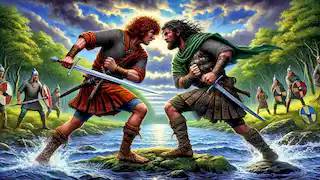 A Morrígan, a deusa da guerra, tenta prejudicar Cú Chulainn em sua forma de corvo.
