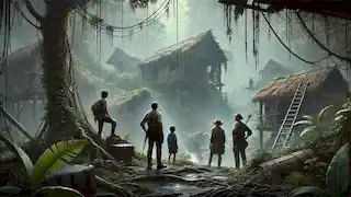 Los aventureros se encuentran al borde de una aldea abandonada cubierta de enredaderas, reflexionando sobre su peligrosa travesía.