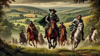 D'Artagnan y los Mosqueteros cabalgan por el campo, con sus capas ondeando mientras se apresuran a recuperar las joyas de la Reina.