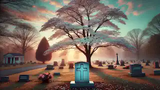 Der Hartriegelbaum steht neben einem Grabstein in einem stillen Friedhof während eines ruhigen Sonnenaufgangs.