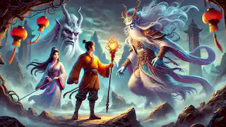 Der Affenkönig Sun Wukong stellt sich der weißen Knochen-Dämonin, die sich als junge Frau verkleidet hat, während seine Gefährten sich der Gefahr nicht bewusst sind.