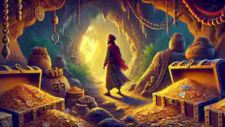Ali Baba steht am Eingang einer versteckten Höhle, die mit einem goldenen Licht von den Schätzen darin erleuchtet wird.