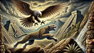 Tezcatlipoca, en su forma de jaguar, corre contra Quetzalcoatl, que toma la imagen de un águila, en un paisaje agreste bajo un cielo tempestuoso.