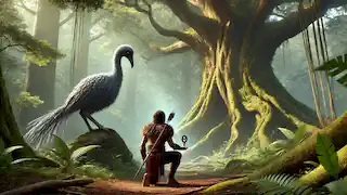 Tama se arrodilla en un claro sagrado del bosque, ofreciendo un token tallado, mientras el Moa observa desde la distancia en un entorno sereno.