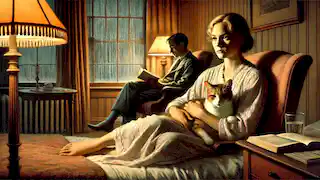 Al final del día, la esposa americana se sienta en silencio con el gato en su regazo, mientras su esposo lee en su habitación de hotel.