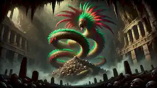Quetzalcóatl, el dios Serpiente Emplumada, desciende al inframundo rodeado de huesos y niebla.