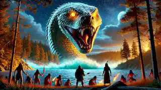 La Gran Serpiente se eleva del lago, su imponente figura se cierne sobre los guerreros que están en la orilla.