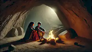 Dentro de la Cueva de los Amantes, Majid y Leyla se sientan junto al fuego, compartiendo un momento tranquilo e íntimo, seguros en su refugio.