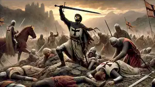 Roland haciendo su última batalla entre compañeros caídos y enemigos.