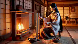 Yuki tejiendo en un telar cerca de la chimenea dentro de una casa tradicional japonesa.