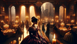 Um luxuoso baile do século XIX iluminado pela luz de lanternas, com Charlotte em um impressionante vestido marrom-avermelhado, cativando a room.
