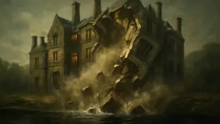 La Casa de los Usher desplomándose en el estanque que la rodea bajo un cielo tempestuoso.