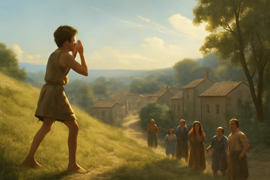 Shepherd boy raising alarm for wolf in Greek hills