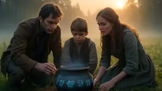 Una familia descubre un antiguo caldero de hierro con misteriosos grabados rúnicos en un prado iluminado por el sol.