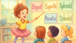Nancy con estilo enseña con entusiasmo a sus amigas palabras sofisticadas en un aula llena de color y creatividad.