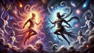 Los Devas y los Asuras se encuentran en lados opuestos, rodeados de energía cósmica, simbolizando el equilibrio entre la luz y la oscuridad.