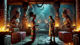 Hunahpú y Xbalanqué se enfrentan a los dioses de Xibalbá en una oscura cámara del inframundo.