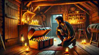 Jacob de rodillas junto a un cofre de huevos dorados, escondiéndolos con cautela bajo las tablas del piso en su casa iluminada por velas.