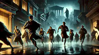 Dédalo y sus seguidores huyen de la ciudad de Atlántida en la noche, perseguidos por los guardias a través de calles oscuras.