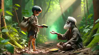 In the heart of a vibrant forest, where the trees towered like ancient guardians and the sun filtered through the leaves, the Ash Lad ventured down a winding path. The air was fragrant with the scent of moss and wildflowers, painting a serene backdrop for his journey.
As he walked, the rustling of leaves and the distant songs of birds accompanied him, creating a symphony of nature. His pack was filled with provisions—a small loaf of bread, a piece of cheese, and a handful of berries, which he had carefully prepared for his day.
Suddenly, he spotted a frail old beggar seated on a fallen log, his clothes tattered and his eyes weary. The Ash Lad felt a tug at his heartstrings as he approached the man, noticing the deep lines etched on his face, telling stories of hardship and resilience.