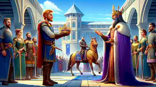 Halvor presenta los objetos robados al Rey en el patio del palacio, rodeado de cortesanos y guardias.
