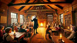 Ichabod Crane enseñando a los niños del pueblo dentro de una acogedora y tenue escuela.