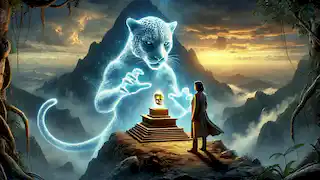 La Dra. Elena se enfrenta a un resplandeciente espíritu de jaguar en la cumbre de un templo en la montaña, rodeada de niebla y valles de jungla.