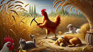 La pequeña gallinita roja cosechando trigo, mientras el gato, el perro y el pato siguen holgazaneando perezosamente.