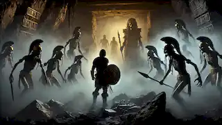Ek Chuah se enfrenta a figuras sombrías de sus miedos en Mitnal, sosteniendo su lanza y su escudo bajo una luz dorada.
